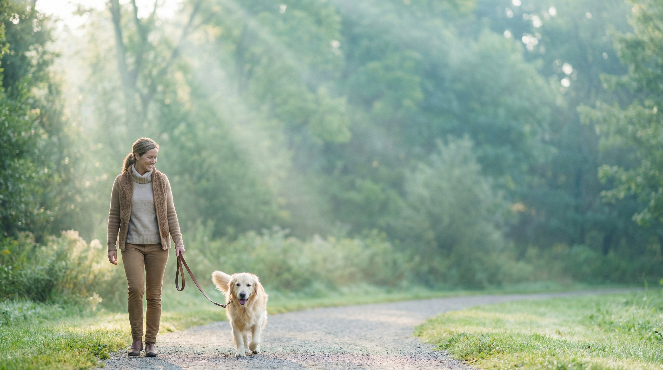 Hondenuitlaat: professionele begeleiding — vrouw wandelt met een golden retriever aan de lijn op een pad in een groen park